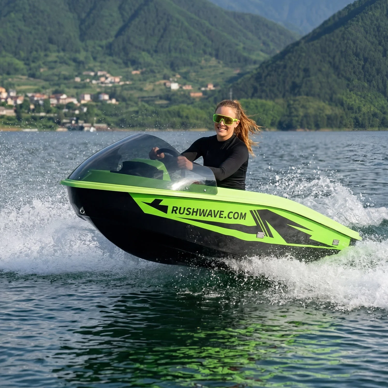 V1 boat accelerating on open water